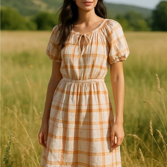 Ann Taylor Loft Pink Orange Plaid Puff Sleeve Shift Dress Size Small Regencycore - Picture 2 of 8